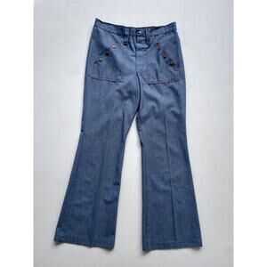 Vtg 70's Blue Chambray High Rise Sailor Flared Pants Size Women's 13/14 - 30" w